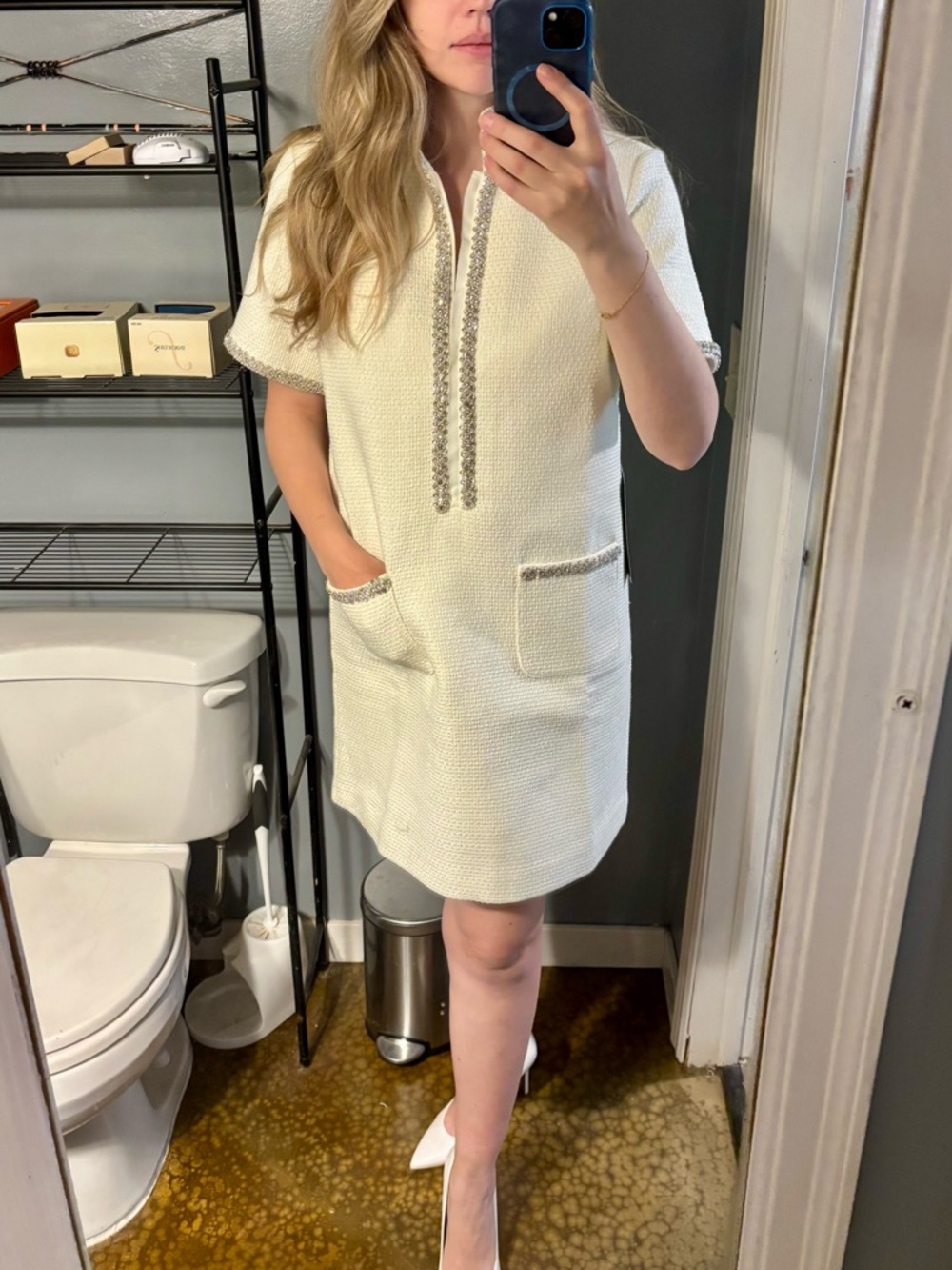 Pearl White Tweed Embellished Ophelia Dress